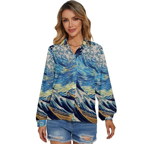 The Great Wave Of Kanagawa Painting Hokusai, Starry Night Vincent Van Gogh Women s Long Sleeve Button Up Shirt by Bakwanart