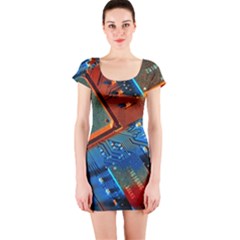 Gray Circuit Board Electronics Electronic Components Microprocessor Short Sleeve Bodycon Dress by Bakwanart