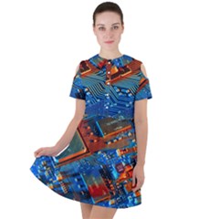 Gray Circuit Board Electronics Electronic Components Microprocessor Short Sleeve Shoulder Cut Out Dress  by Bakwanart