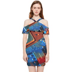 Gray Circuit Board Electronics Electronic Components Microprocessor Shoulder Frill Bodycon Summer Dress by Bakwanart