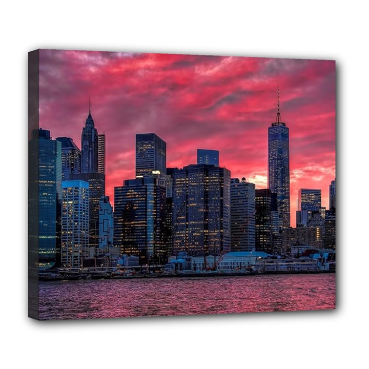 Skyline Sunset United States Reflection Usa,new York Manhattan Deluxe Canvas 24  x 20  (Stretched)