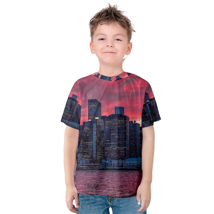 Skyline Sunset United States Reflection Usa,new York Manhattan Kids  Cotton Tee