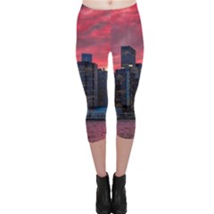 Skyline Sunset United States Reflection Usa,new York Manhattan Capri Leggings  by Bakwanart