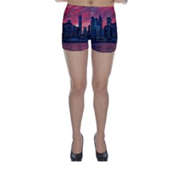 Skyline Sunset United States Reflection Usa,new York Manhattan Skinny Shorts by Bakwanart