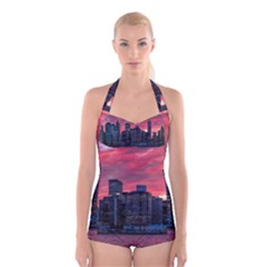 Skyline Sunset United States Reflection Usa,new York Manhattan Boyleg Halter Swimsuit  by Bakwanart