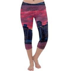 Skyline Sunset United States Reflection Usa,new York Manhattan Capri Yoga Leggings by Bakwanart