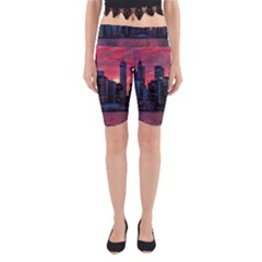 Skyline Sunset United States Reflection Usa,new York Manhattan Yoga Cropped Leggings by Bakwanart