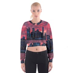 Skyline Sunset United States Reflection Usa,new York Manhattan Cropped Sweatshirt