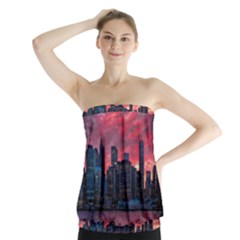 Skyline Sunset United States Reflection Usa,new York Manhattan Strapless Top by Bakwanart