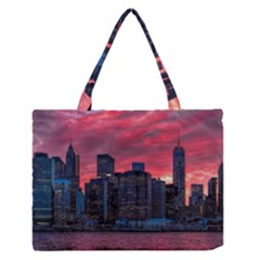 Skyline Sunset United States Reflection Usa,new York Manhattan Zipper Medium Tote Bag by Bakwanart