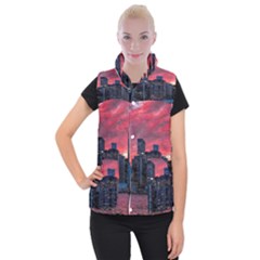 Skyline Sunset United States Reflection Usa,new York Manhattan Women s Button Up Vest