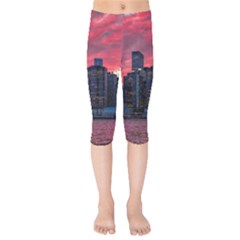 Skyline Sunset United States Reflection Usa,new York Manhattan Kids  Capri Leggings  by Bakwanart