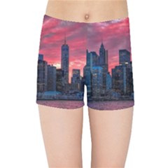 Skyline Sunset United States Reflection Usa,new York Manhattan Kids  Sports Shorts by Bakwanart