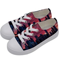 Skyline Sunset United States Reflection Usa,new York Manhattan Kids  Low Top Canvas Sneakers by Bakwanart