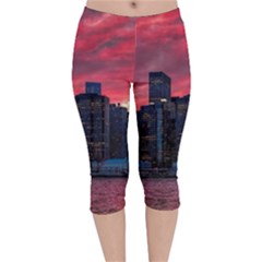 Skyline Sunset United States Reflection Usa,new York Manhattan Velvet Capri Leggings  by Bakwanart