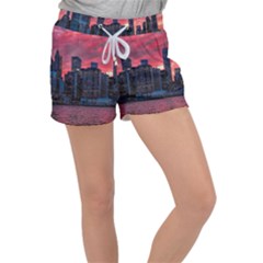 Skyline Sunset United States Reflection Usa,new York Manhattan Women s Velour Lounge Shorts by Bakwanart