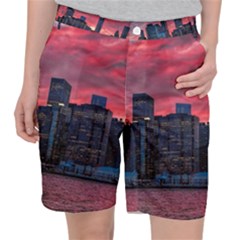 Skyline Sunset United States Reflection Usa,new York Manhattan Women s Pocket Shorts by Bakwanart