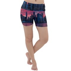 Skyline Sunset United States Reflection Usa,new York Manhattan Lightweight Velour Yoga Shorts by Bakwanart