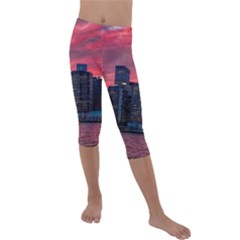 Skyline Sunset United States Reflection Usa,new York Manhattan Kids  Lightweight Velour Capri Leggings  by Bakwanart