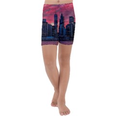 Skyline Sunset United States Reflection Usa,new York Manhattan Kids  Lightweight Velour Capri Yoga Leggings by Bakwanart