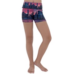 Skyline Sunset United States Reflection Usa,new York Manhattan Kids  Lightweight Velour Yoga Shorts by Bakwanart