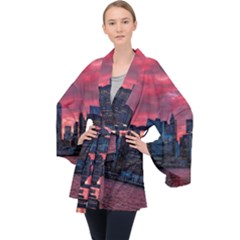 Skyline Sunset United States Reflection Usa,new York Manhattan Long Sleeve Velvet Kimono  by Bakwanart