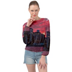 Skyline Sunset United States Reflection Usa,new York Manhattan Banded Bottom Chiffon Top by Bakwanart