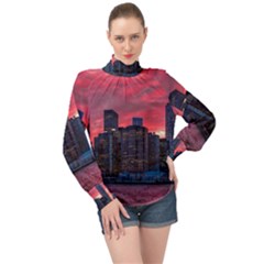 Skyline Sunset United States Reflection Usa,new York Manhattan High Neck Long Sleeve Chiffon Top by Bakwanart