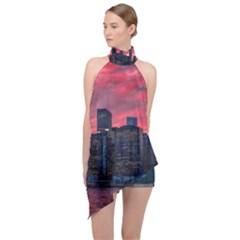 Skyline Sunset United States Reflection Usa,new York Manhattan Halter Asymmetric Satin Top by Bakwanart