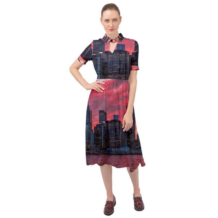 Skyline Sunset United States Reflection Usa,new York Manhattan Keyhole Neckline Chiffon Dress