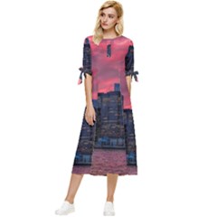 Skyline Sunset United States Reflection Usa,new York Manhattan Bow Sleeve Chiffon Midi Dress by Bakwanart