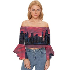 Skyline Sunset United States Reflection Usa,new York Manhattan Off Shoulder Flutter Bell Sleeve Top