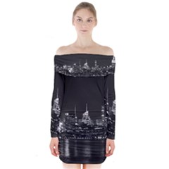 Photography Of Buildings New York City  Nyc Skyline Long Sleeve Off Shoulder Dress by Bakwanart