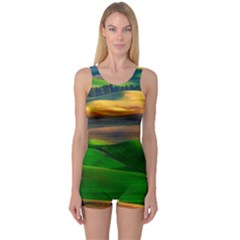 Grassland Nature Palouse Green Field Hill Sky Butte One Piece Boyleg Swimsuit by Bakwanart