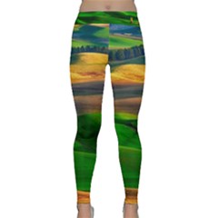 Grassland Nature Palouse Green Field Hill Sky Butte Classic Yoga Leggings by Bakwanart