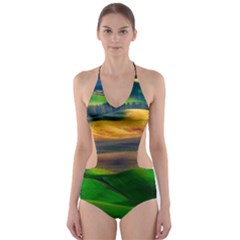 Grassland Nature Palouse Green Field Hill Sky Butte Cut-out One Piece Swimsuit by Bakwanart