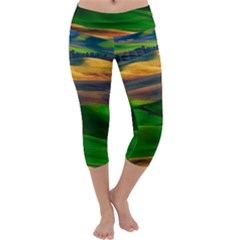 Grassland Nature Palouse Green Field Hill Sky Butte Capri Yoga Leggings by Bakwanart