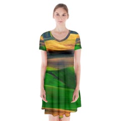 Grassland Nature Palouse Green Field Hill Sky Butte Short Sleeve V-neck Flare Dress by Bakwanart