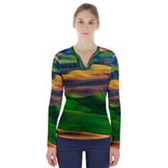 Grassland Nature Palouse Green Field Hill Sky Butte V-neck Long Sleeve Top