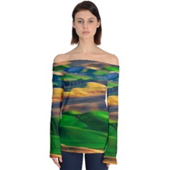 Grassland Nature Palouse Green Field Hill Sky Butte Off Shoulder Long Sleeve Top by Bakwanart