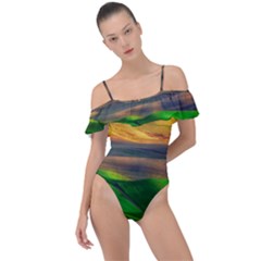 Grassland Nature Palouse Green Field Hill Sky Butte Frill Detail One Piece Swimsuit by Bakwanart