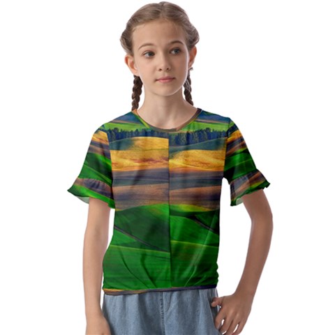 Grassland Nature Palouse Green Field Hill Sky Butte Kids  Cuff Sleeve Scrunch Bottom Tee by Bakwanart