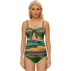 Grassland Nature Palouse Green Field Hill Sky Butte Knot Front One-piece Swimsuit by Bakwanart