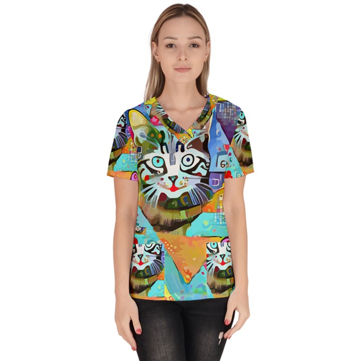 Kitten Cat Pet Animal Adorable Fluffy Cute Kitty Women s V-Neck Scrub Top