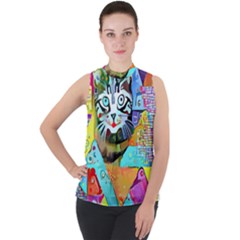 Kitten Cat Pet Animal Adorable Fluffy Cute Kitty Mock Neck Chiffon Sleeveless Top by 99art