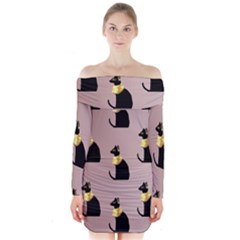 Cat Egyptian Ancient Statue Egypt Culture Animals Long Sleeve Off Shoulder Dress by 99art