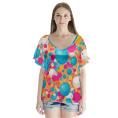 Circles Art Seamless Repeat Bright Colors Colorful V-neck Flutter Sleeve Top by 99art