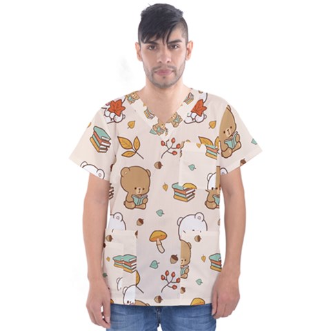 Bear Cartoon Background Pattern Seamless Animal Men s V-neck Scrub Top by 99art