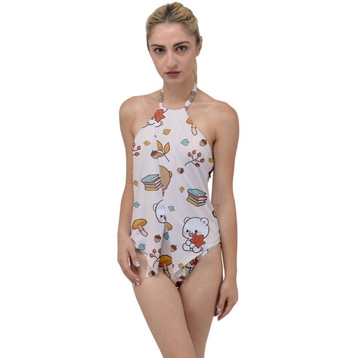 Bear Cartoon Background Pattern Seamless Animal Go with the Flow One Piece Swimsuit