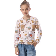 Bear Cartoon Background Pattern Seamless Animal Kids  Long Sleeve Tee With Frill 